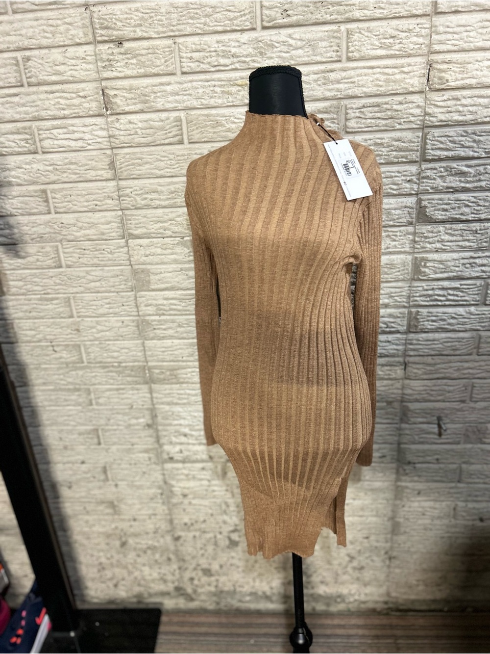 SNDYS Ribbed Knit Long Sleeve Bodycon Dress - Camel Coffee Turtleneck Slit